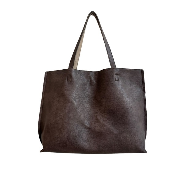 Brown Faux Leather Magnetic Closure Medium Double Handle Tote Reversible - Picture 1 of 16